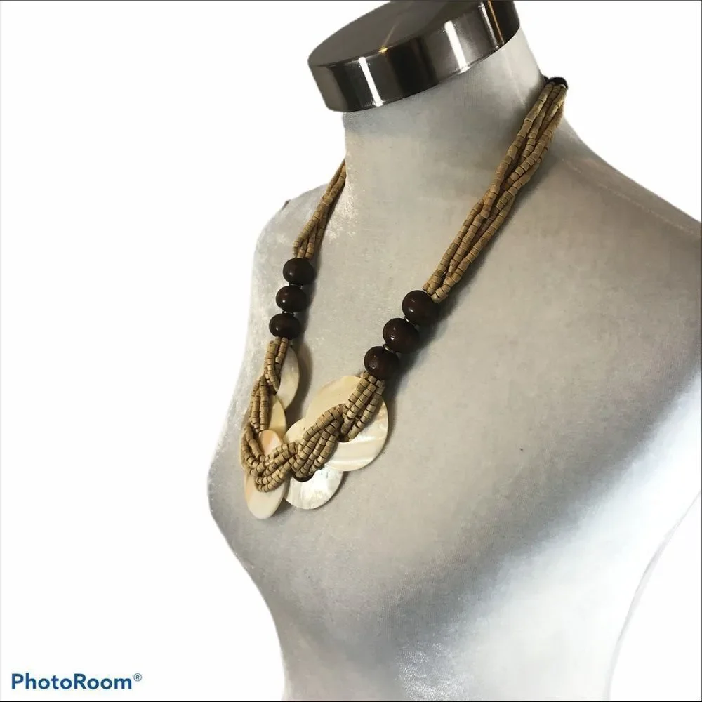 Natural Wooden and Shell Bead‎ Necklace 25” Long